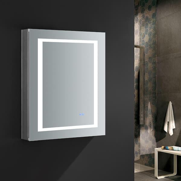 Fresca Spazio 24 in. W x 30 in. H Recessed or Surface Mount Medicine Cabinet with LED Lighting, Mirror Defogger and Left Hinge