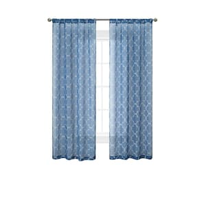 Selena Blue Faux Linen Sheer Rod Pocket Tiebacks Curtain 38 in. W x 96 in. L (2-Panels)