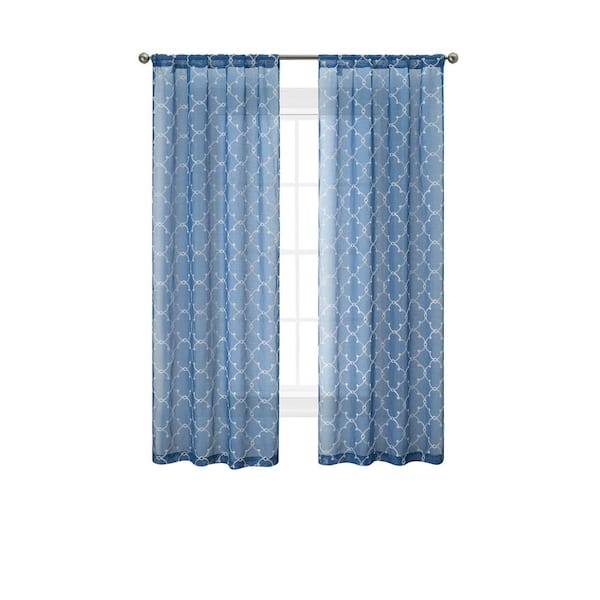 CREATIVE HOME IDEAS Selena Blue Faux Linen Sheer Rod Pocket Tiebacks Curtain 38 in. W x 96 in. L (2-Panels)