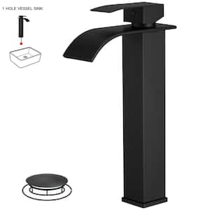Waterfall Single Hole Single Handle Tall Bathroom Vessel Sink Faucet With Supply Hose in Matte Black