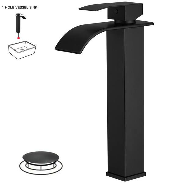 thumbnail interactive-video image 1 of Matte Black Tall Vessel Sink Faucet – Single Handle Bathroom Vanity Mixer With Drain 1 of 3