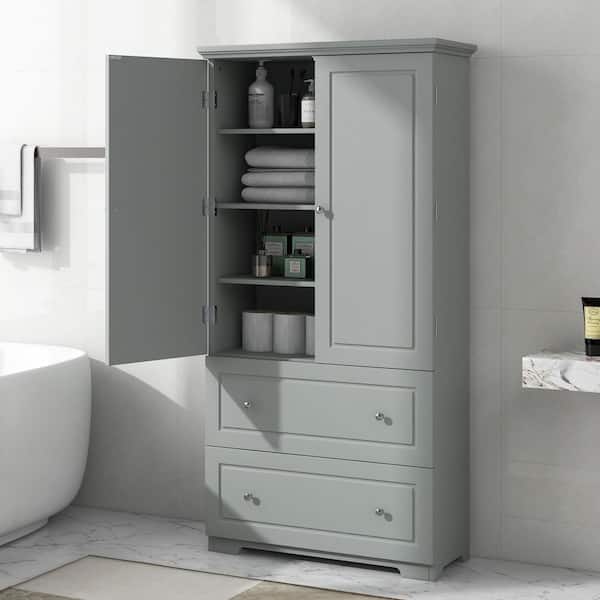 32.6 in. W x 13 in. D x 62.3 in. H Gray Freestanding Linen Cabinet with Adjustable Shelf and 2 Big Drawers