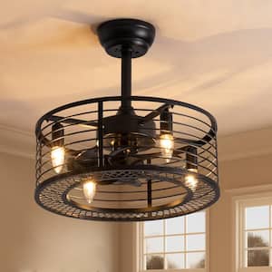 17 in. Indoor Black Ceiling Fan Caged Ceiling Fan with Lights and Remote Industrial Enclosed Ceiling Fan