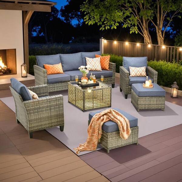 Daphne 6-Piece Modern Wicker Outdoor Patio Conversation Sofa Seating Set with Denim Blue Cushions