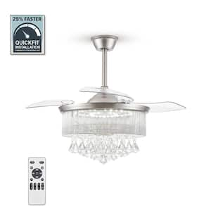 42 in. Indoor Brushed Nickel Downrod 3-Colors LED Crystal Retractable Ceiling Fan with Light Kit and Remote Control