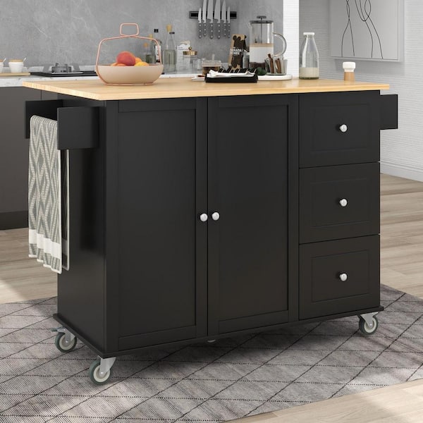 Malwee Black Solid Wood Top 52.7 in. Kitchen Island with Drop Leaf Breakfast Bar and 3 Drawers