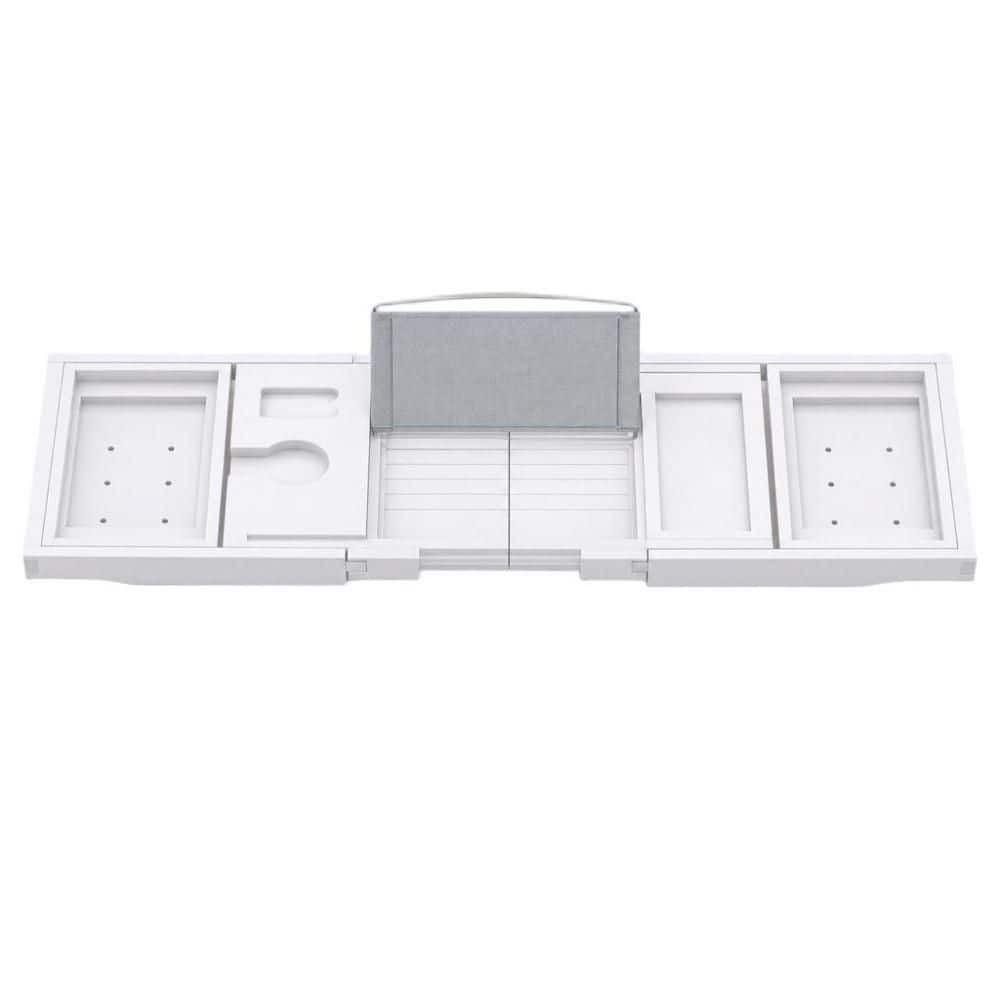 Foldable Bamboo Bath Table Tray with Book and Wine Glass Holder in White, Expand from 28.5 in. to 40.1 in.