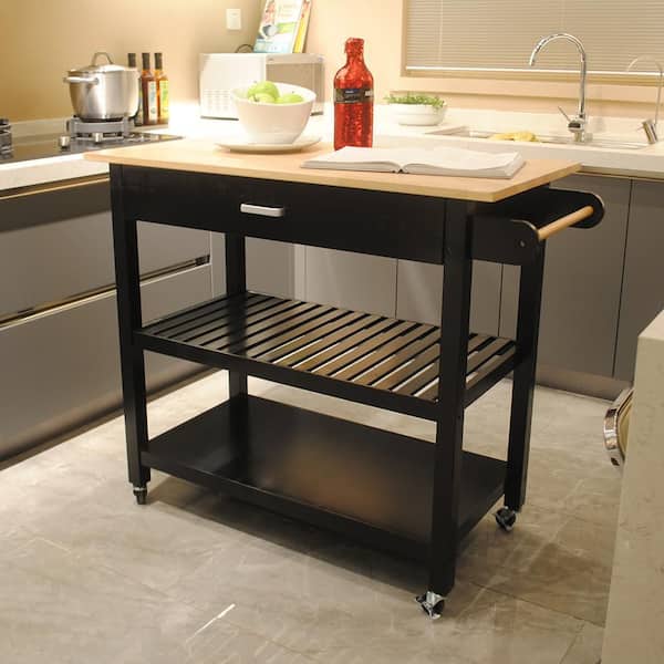 FAMYYT Black Wood Countertop 40 in. Kitchen Island Cart with Large Drawers