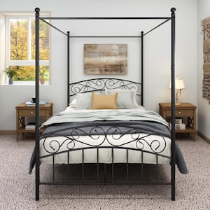 53.94 in. Wide Full-Size Canopy Bed Frame Black Metal With European Style Headboard & Footboard Sturdy Steel for Bedroom
