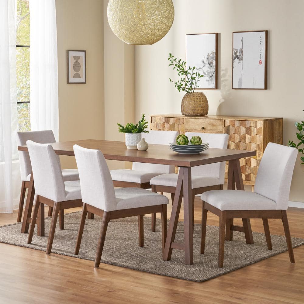 Walnut and Light Beige 7-Piece Mid-Century Modern Dining Set
