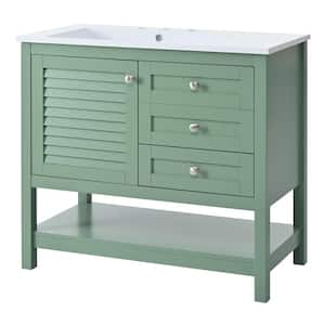 36 in. W x 18 in. D x 34 in. H Single Sink Freestanding Bath Vanity in Green with White Resin Top