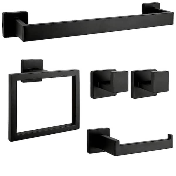 5-Piece 16 in. Matte Black Bathroom Hardware Accessories Set, Wall Mounted Stainless Steel Towel Racks, Towel Bars