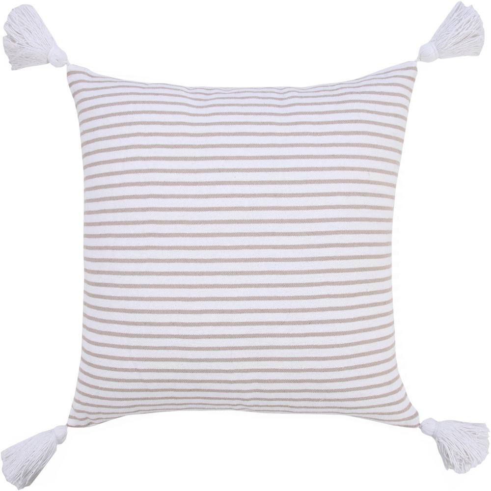 Beige and White Striped Cotton Throw Pillow with Tassels