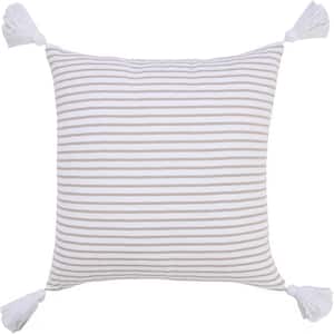 Basic Beige / White 20 in. x 20 in. Balanced Striped Throw Pillow with Tassels