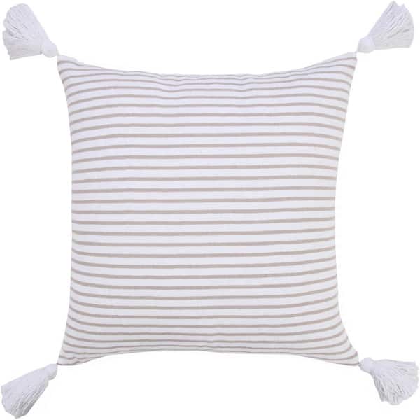 Unbranded Basic Beige / White 20 in. x 20 in. Balanced Striped Indoor Throw Pillow with Tassels