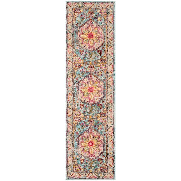 SAFAVIEH Phoenix Turquoise/Beige 2 ft. x 12 ft. Border Runner Rug