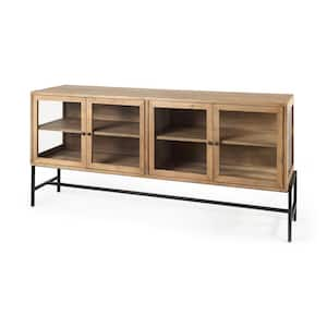 Arelius 70 in. L x 18 in. W x 32 in. H Light Brown with Black Metal Base 4-Door Glass Cabinet Sideboard