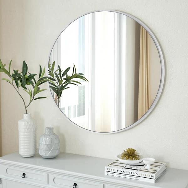Sxiawe 24.1 in. W x 24.1 in. H Silver Round Aluminum Alloy Frame Bathroom Mirror Vanity Wall Mirror