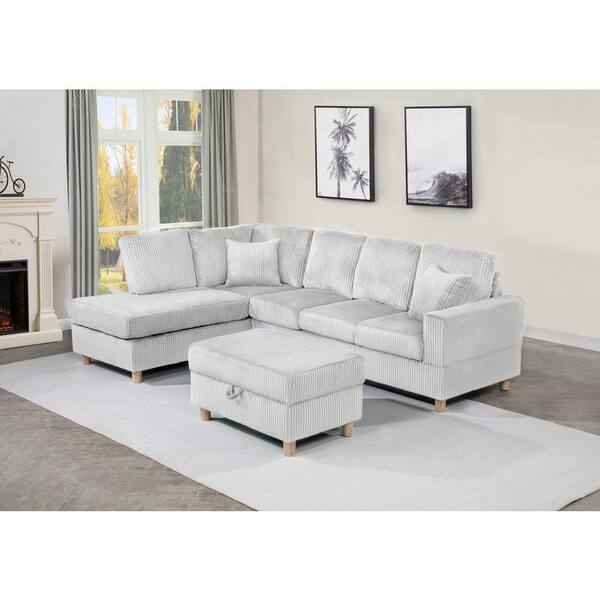 Best Quality Furniture Ian 75 in W Straight Arm 3-Piece Corduroy Fabric L  Shape Sectional Sofa in Light Grey with Reversible Chaise and Ottoman