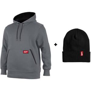 Men's Medium Gray Midweight Cotton/Polyester Long Sleeve Pullover Hoodie with Men's Black Acrylic Cuffed Beanie Hat