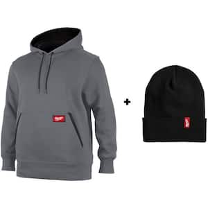 Men's X-Large Gray Midweight Cotton/Polyester Long-Sleeve Pullover Hoodie with Men's Black Acrylic Cuffed Beanie Hat