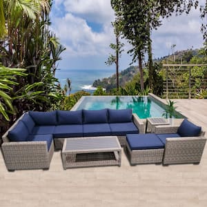 9-Piece Wicker Rattan Outdoor Sectional Set with Blue Cushions and Coffee Table