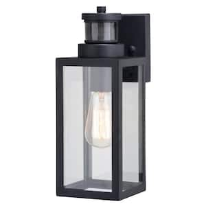 Lombard 4.75 in. 1-Light Black Motion Sensor Dusk to Dawn Outdoor Wall Lantern Clear Glass