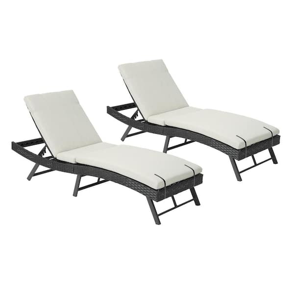 HOMEFUN Black Wicker Outdoor Steel Frame Chaise Lounge with Beige Cushions Set of 2