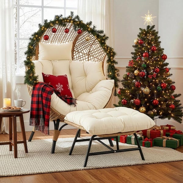 PE Wicker Indoor Outdoor Lounge Egg Chair with Beige Cushion and Ottoman