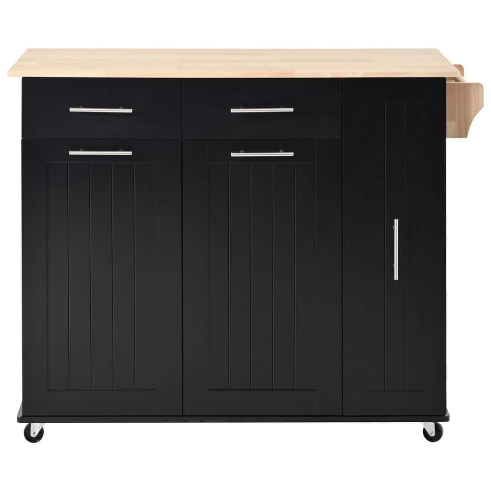 Black MDF Kitchen Cart with Storage Cabinet, Drop-Leaf, 5-Wheels, and Towel