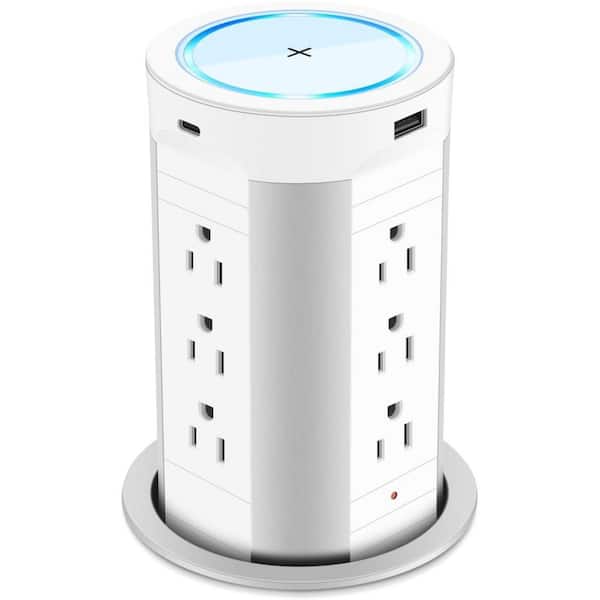 EKIEUDL 12-Outlet Pop-up Outlet Countertop Charging Station and 4 USB Ports and 15-Watt Wireless Charger in White