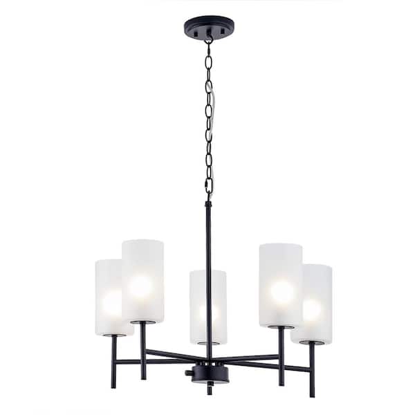 5 Light Matte Black Finish Chandelier With Glass Shades