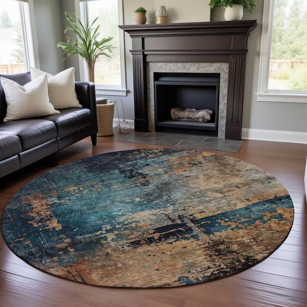 Mayfield Premium Machine Washable Abstract AMF1206 Teal 8 ft. x 8 ft. Round Rug