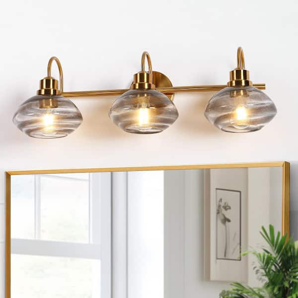 25.6 in. 3-Light Brass Gold Vanity Light with Hand-Blown Cloudy Glass Shades