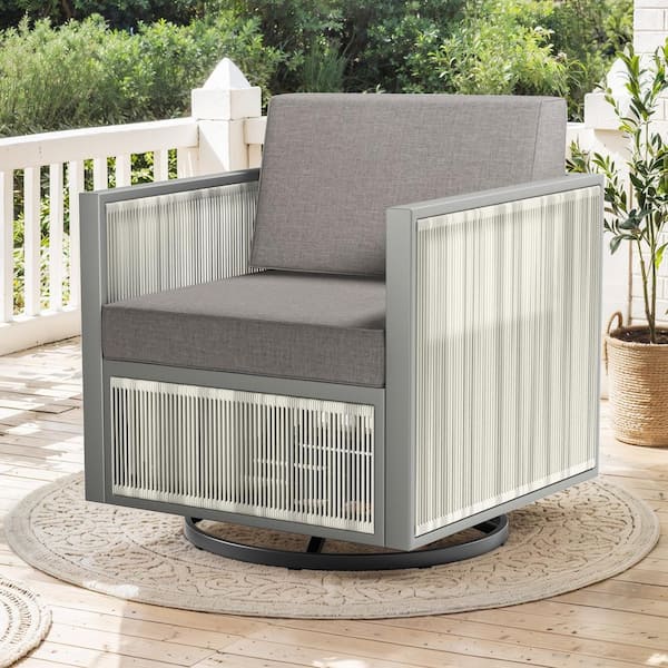 moosprr Modern Industrial Light Beige Swivel Glider Wicker Outdoor Rocking Chair with Olefin Dark Gray Cushions (1-Pack)