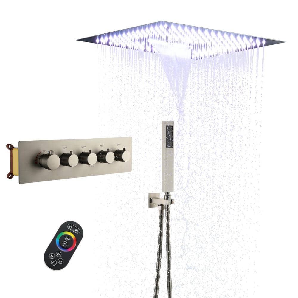 Brushed Nickel Dual Head LED Ceiling Mounted Rain Shower System