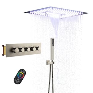 4-Spray Dual Shower Heads 16 in. Ceiling Mount Fixed and Handheld Shower Head 2.5 GPM in Brushed Nickel, 64-Color Lights