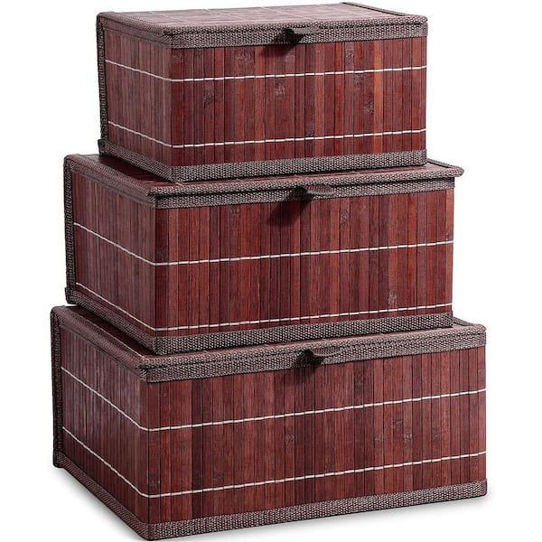 Unbranded Brown 13 in. x 6.1 in. Bamboo Decorative Basket Set of 3 with Lid