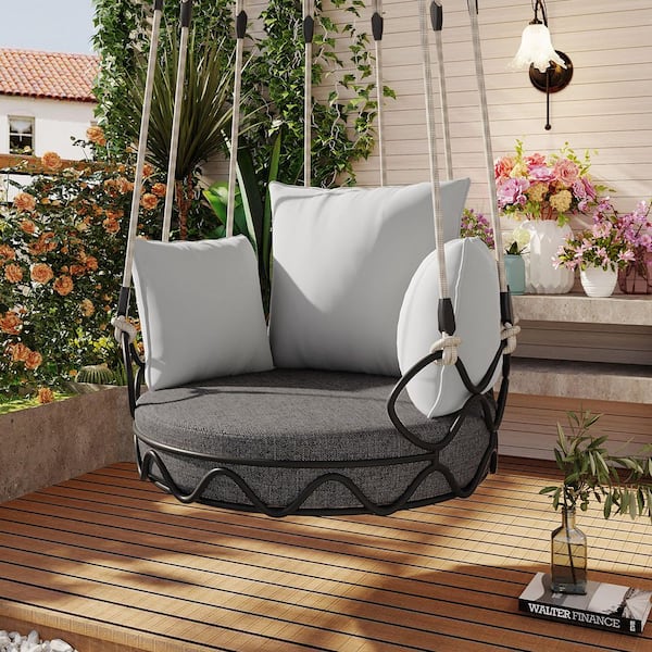 Harper & Bright Designs 1-Person Metal Porch Swing with Nylon Rope, Olefin Fabric Cushions, Gray Pillows