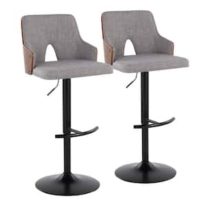 Stella 34 in. Light Grey Fabric, Walnut Wood and Black Metal Adjustable Bar Stool with Rounded T Footrest (Set of 2)