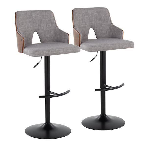 Lumisource Stella 34 in. Light Grey Fabric, Walnut Wood and Black Metal Adjustable Bar Stool with Rounded T Footrest (Set of 2)