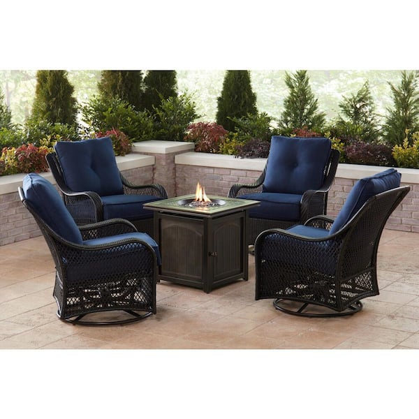 Hanover Orleans 5 Piece Steel Patio, Fire Pit Set With Swivel Chairs