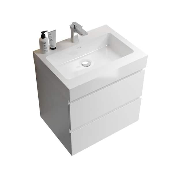 INSTER NOBLE 24 in. W x 18 in. D x 25 in. H Single Sink Floating Bath Vanity in White with White Solid Surface Top (No Faucet)