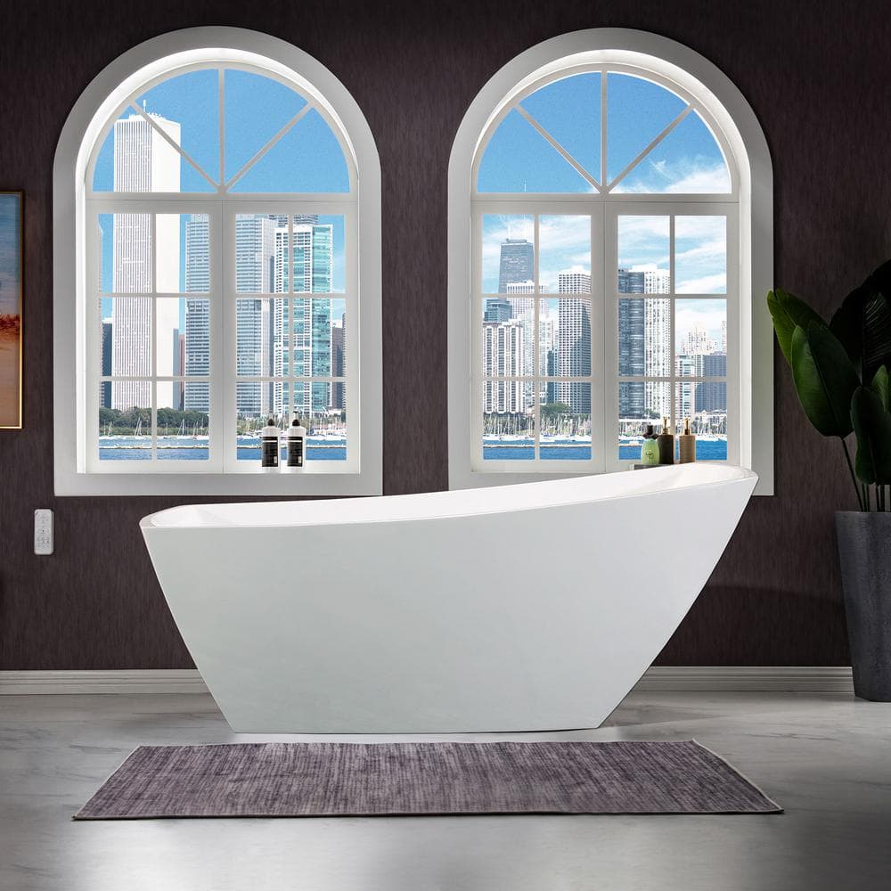 White Acrylic Freestanding Single Slipper Soaking Tub with Brushed Nickel Trim
