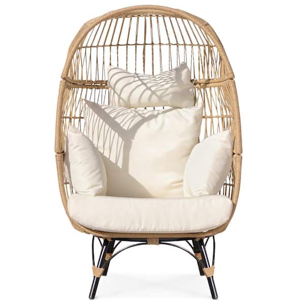 NICESOUL Patio Beige Wicker Stationary Oversized Lounge Egg Chair with Beige Cushions (Natural Color) 440 lbs. Weight Capacity