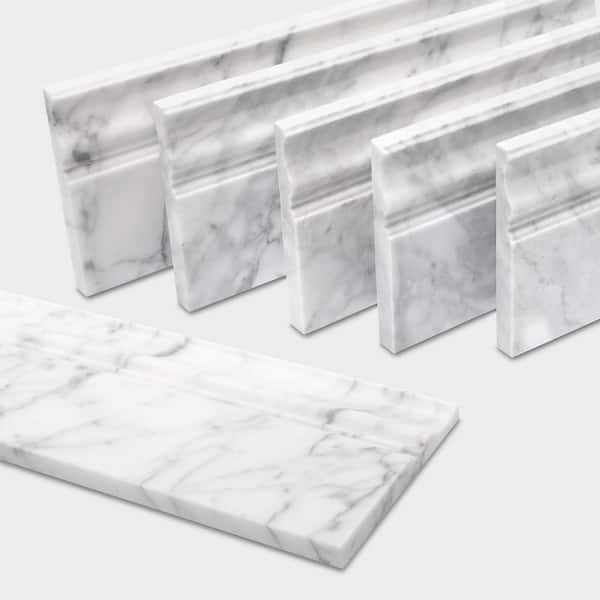 Honed Carrara White 12 in. x 4.75 in. Natural Marble Bullnose Base Molding Backsplash Accessory Wall Tile Trim (5-Pack)