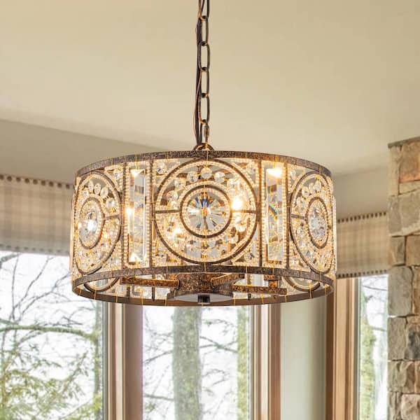 Iridescent 4-Light Vintage Crystal Drum Antique Bronze Chandelier Retro Classic Small Lighting Fixture for Dining Room
