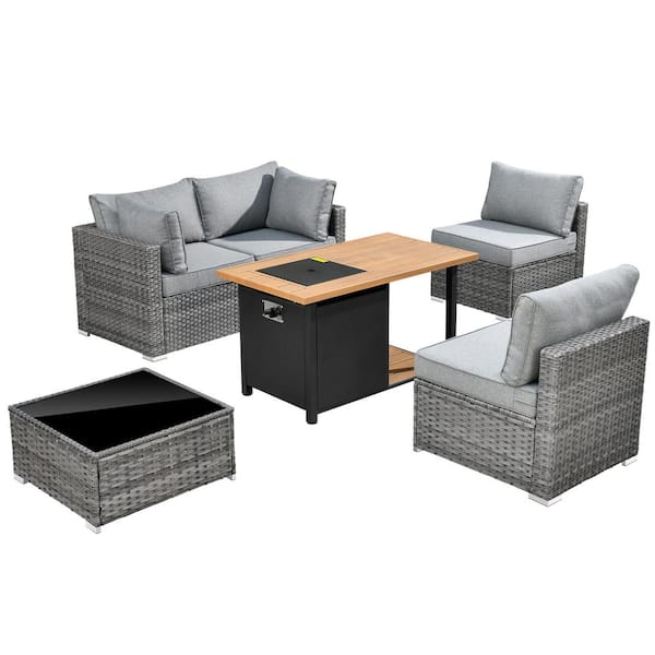 Sanibel Gray 6-Piece Wicker Outdoor Patio Conversation Sofa Sectional Set with a Storage Fire Pit and Dark Gray Cushions