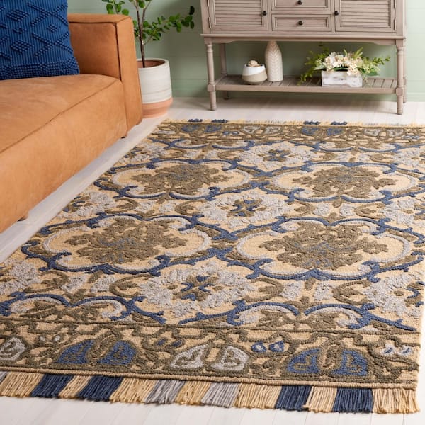 Blossom 4 ft. x 6 ft. Gold/Blue Border Area Rug
