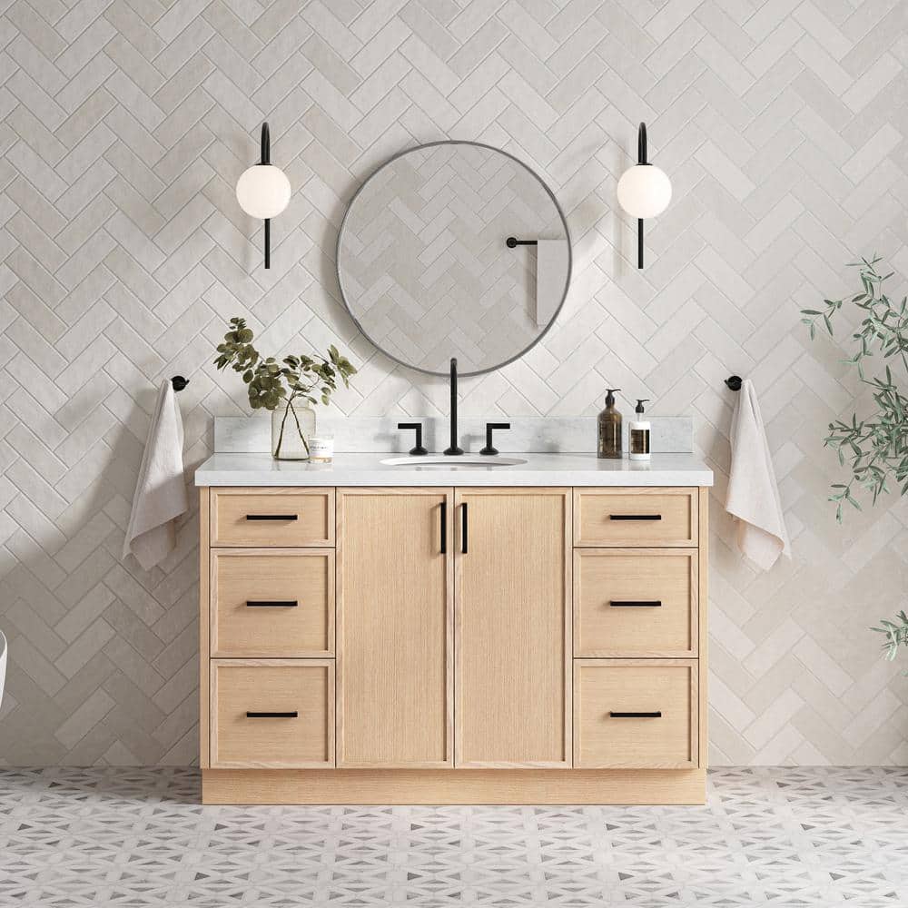 Kelly 55" White Oak Single Sink Vanity with Marble Top
